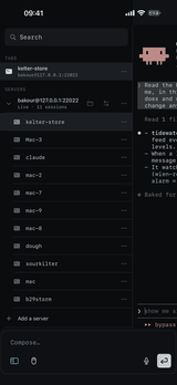The hub: a server, its sessions and its tabs in one list.