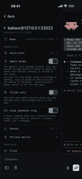 A server's settings: Agent pings switched on, with Titles only, Long commands and Snooze.